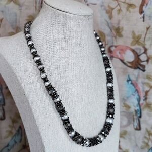 Dark Gunmetal Glass Faux Pearl Bell Cap Vintage Necklace Rondelles Gothic